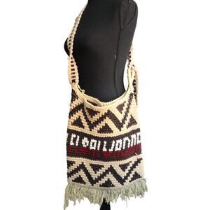 Vintage Wayuu Mochila Bucket Bag Tote El Salvador Cross Brown Woven Fringe BOHO